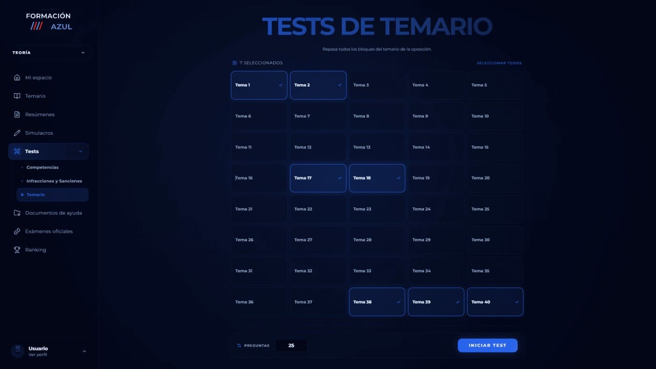 Captura de pantalla: Tres tipos de test — Elije si quieres solo competencias, infracciones , o del tema entero